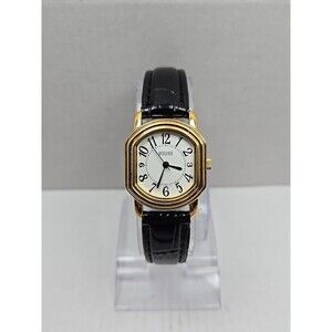 Ecclissi 80195 Womens Gold Tone Cushion Watch Black Leather New Battery Quartz